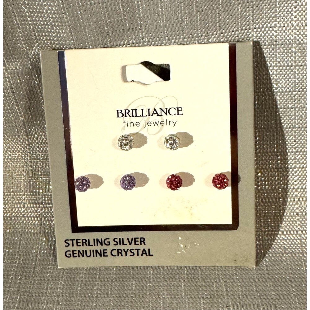 Brilliance Sterling Silver Crystal Round Stud Earrings Set Clear, Red, Purple